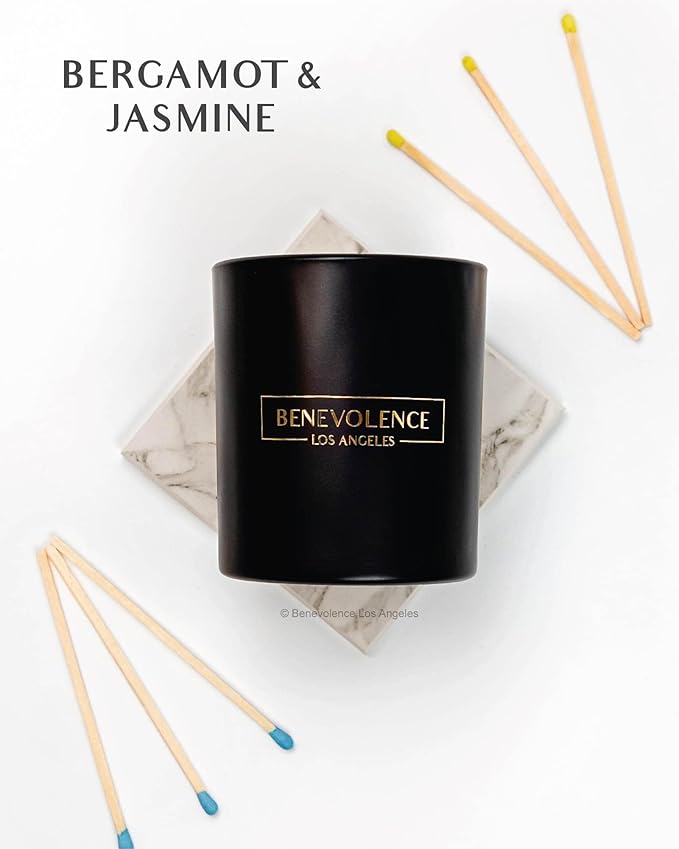 Benevolence LA Bergamot & Jasmine Scented Candle | Soy Candles, Black Candle for Home | Gifts for Women and Men | Home Fragrance | Aromatherapy | 8oz, 45 Hour Burn - Jasmine