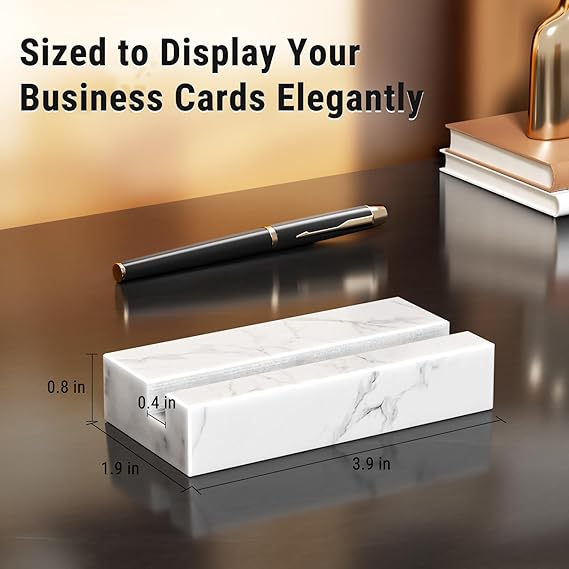 MaxGear Business Card Holder for Desk, White Carrara Marble Card Display Stand Holders Holds up to 50 Cards, Elegant Desktop Organizer for Home and Office