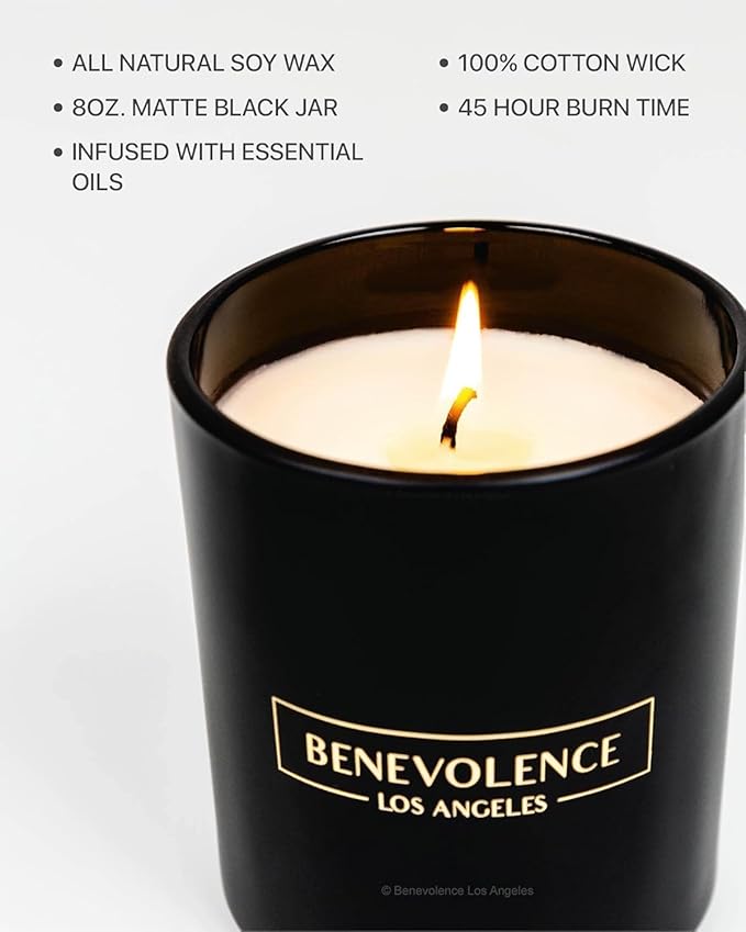 Benevolence LA Bergamot & Jasmine Scented Candle | Soy Candles, Black Candle for Home | Gifts for Women and Men | Home Fragrance | Aromatherapy | 8oz, 45 Hour Burn - Jasmine