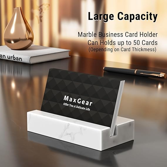 MaxGear Business Card Holder for Desk, White Carrara Marble Card Display Stand Holders Holds up to 50 Cards, Elegant Desktop Organizer for Home and Office