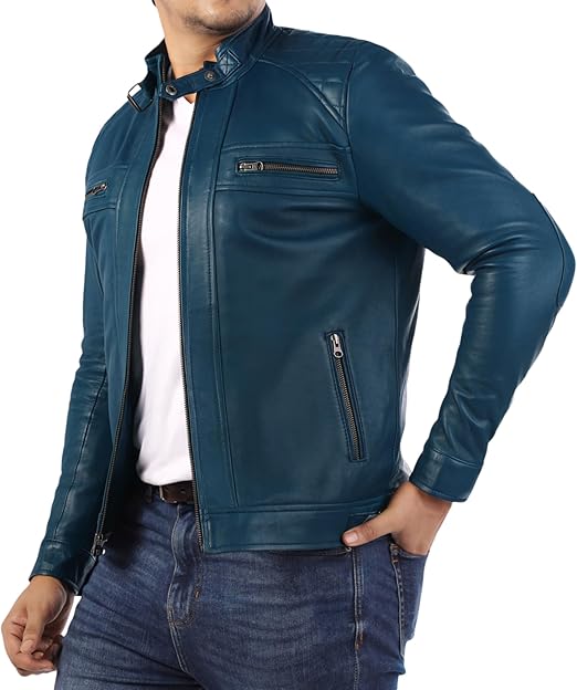 Jild Signature Diamond Style Lambskin Leather Jacket Men - Premium Leather Café Racer Vintage Look Motorcycle Jacket Men