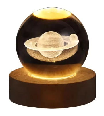 Flexzion 3D Moon Crystal Ball Night Light - LED Light Hologram Glass Lamp with Solid Wood Base, USB Powered Crystal Ball Lamp with Adjustable Brightness for Home Decor Display Gift, 2.4inch(60mm)