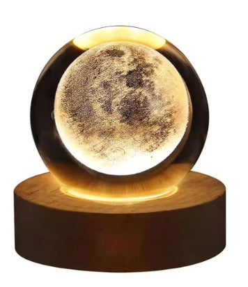 Flexzion 3D Moon Crystal Ball Night Light - LED Light Hologram Glass Lamp with Solid Wood Base, USB Powered Crystal Ball Lamp with Adjustable Brightness for Home Decor Display Gift, 2.4inch(60mm)