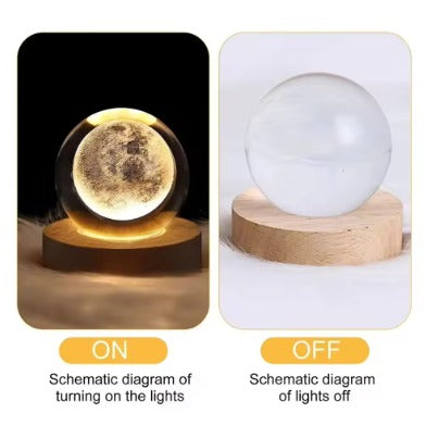 Flexzion 3D Moon Crystal Ball Night Light - LED Light Hologram Glass Lamp with Solid Wood Base, USB Powered Crystal Ball Lamp with Adjustable Brightness for Home Decor Display Gift, 2.4inch(60mm)