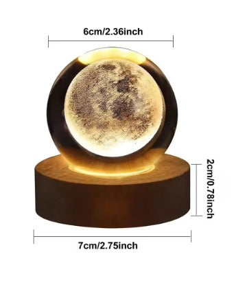 Flexzion 3D Moon Crystal Ball Night Light - LED Light Hologram Glass Lamp with Solid Wood Base, USB Powered Crystal Ball Lamp with Adjustable Brightness for Home Decor Display Gift, 2.4inch(60mm)